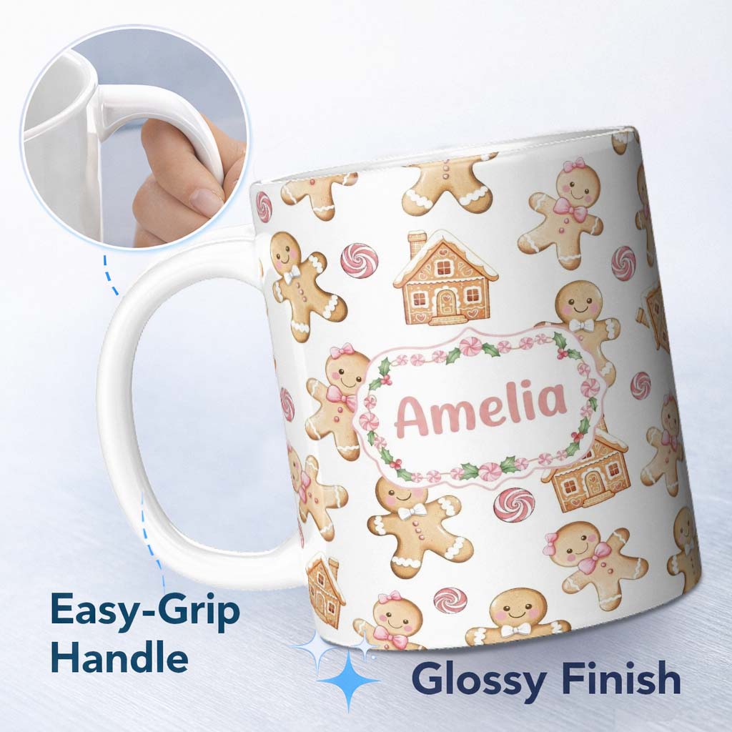 Personalized Custom Name Cute Gingerbread Cookies Candy Sweets House Seamless Pattern White 11oz Ceramic Coffee Tea Mug White Large Handle