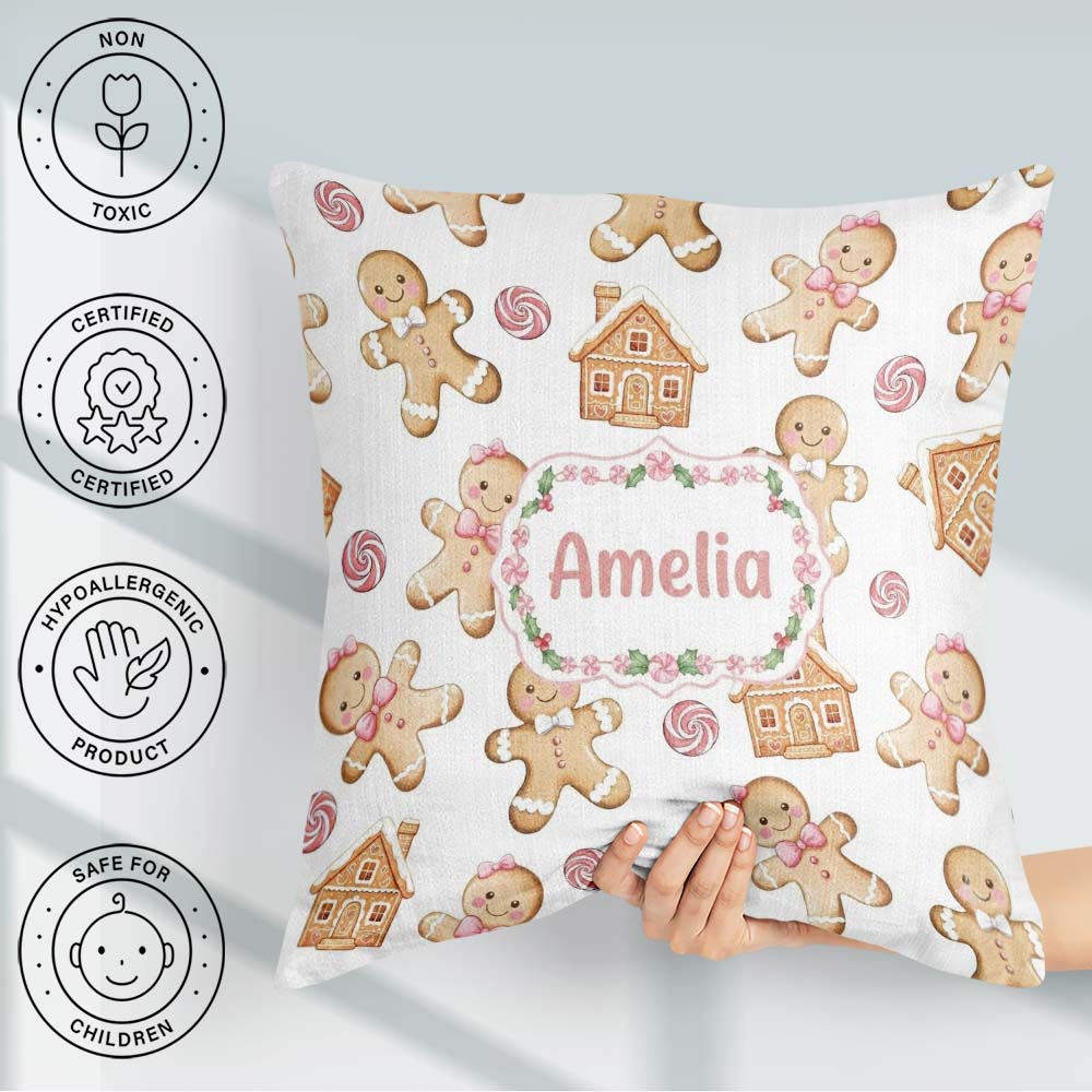 Custom Name Gingerbread Cookies Candy Sweets House Pattern White Square Filled Cushion Throw Pillow Sofa Bed Home Decor Zip Washable UK Made