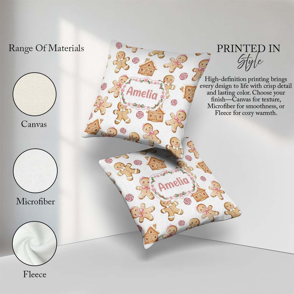 Custom Name Gingerbread Cookies Candy Sweets House Pattern White Square Filled Cushion Throw Pillow Sofa Bed Home Decor Zip Washable UK Made