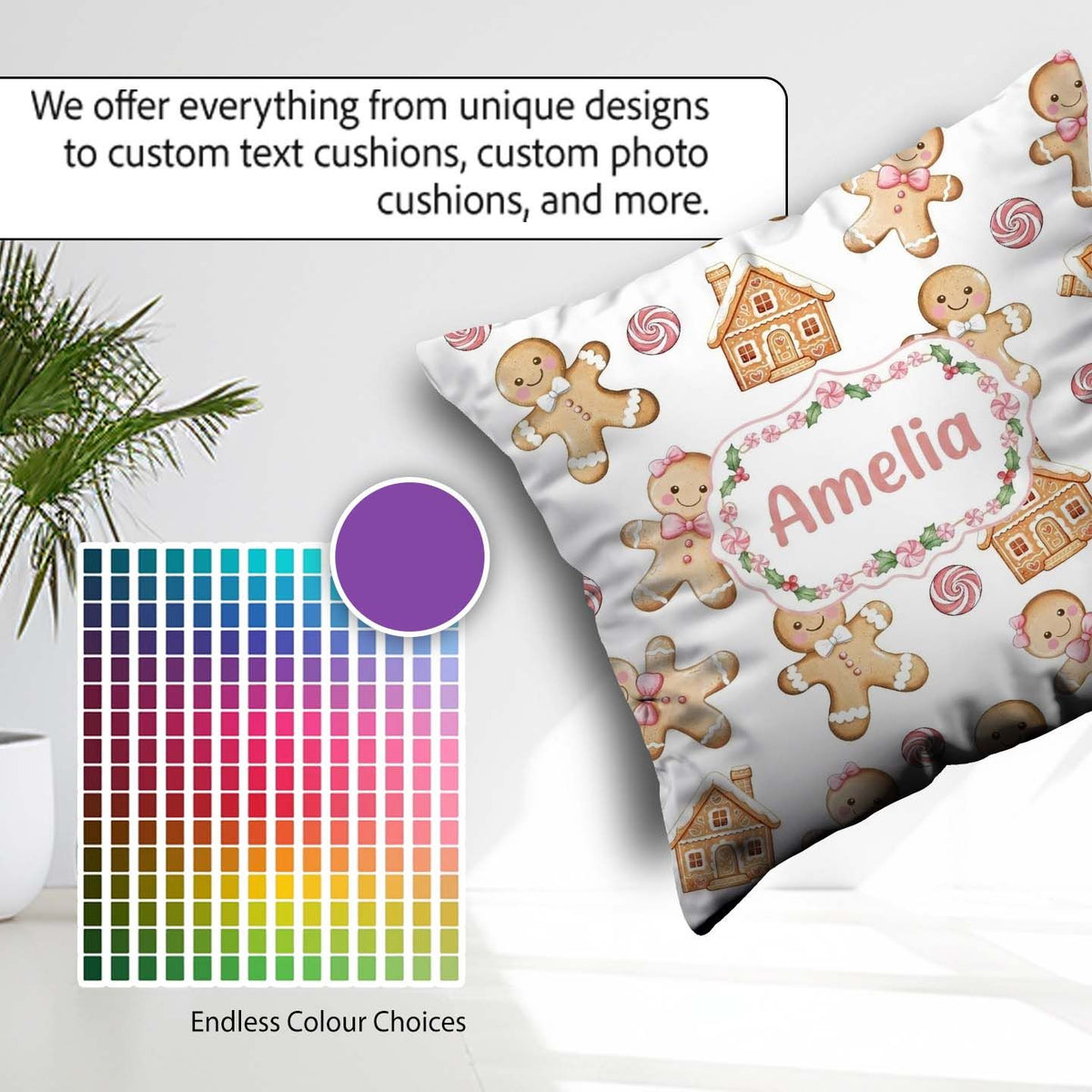 Custom Name Gingerbread Cookies Candy Sweets House Pattern White Square Filled Cushion Throw Pillow Sofa Bed Home Decor Zip Washable UK Made