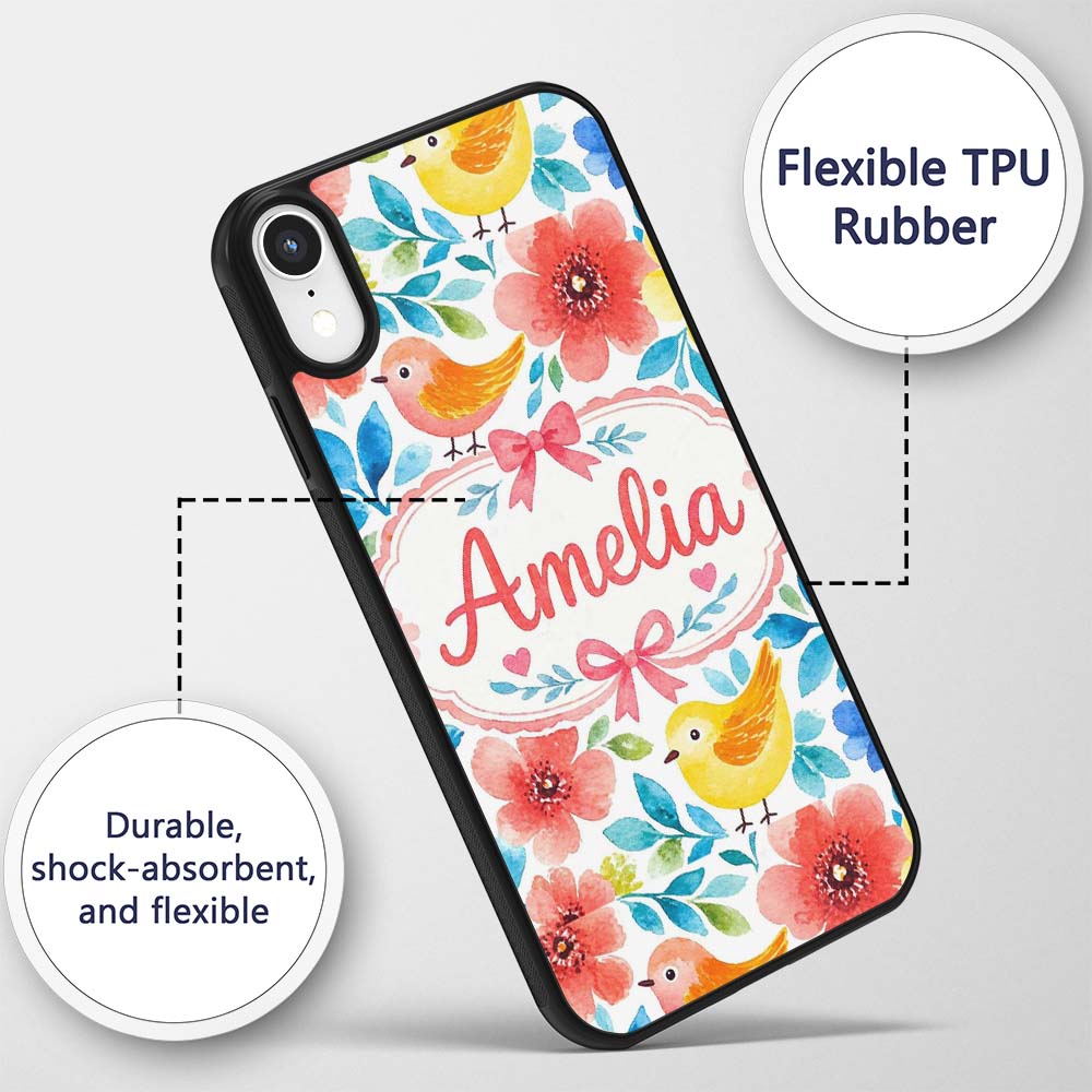 Watercolor Bird Floral Botanical Seamless Pattern Custom Name Protective Phone Case Mobile Cover Durable Everyday Smartphone Shock Resistant