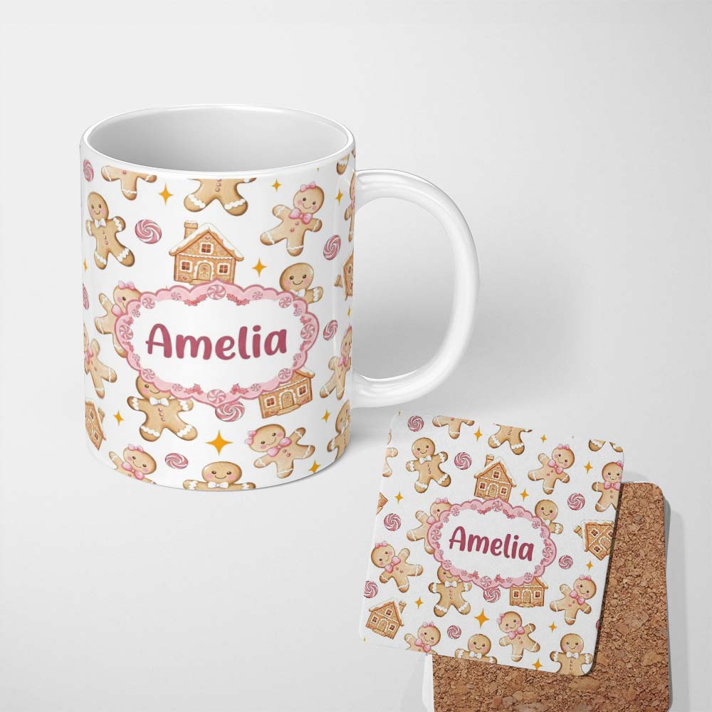 Personalized Custom Name Cute Gingerbread Cookies Candy Sweets House Seamless Pattern 11oz Ceramic Coffee Tea Mug White Large Handle