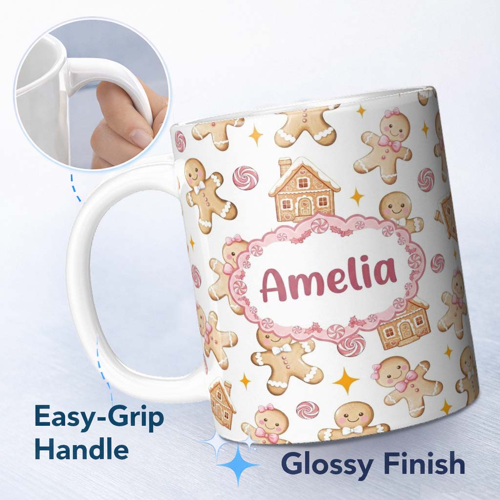 Personalized Custom Name Cute Gingerbread Cookies Candy Sweets House Seamless Pattern 11oz Ceramic Coffee Tea Mug White Large Handle