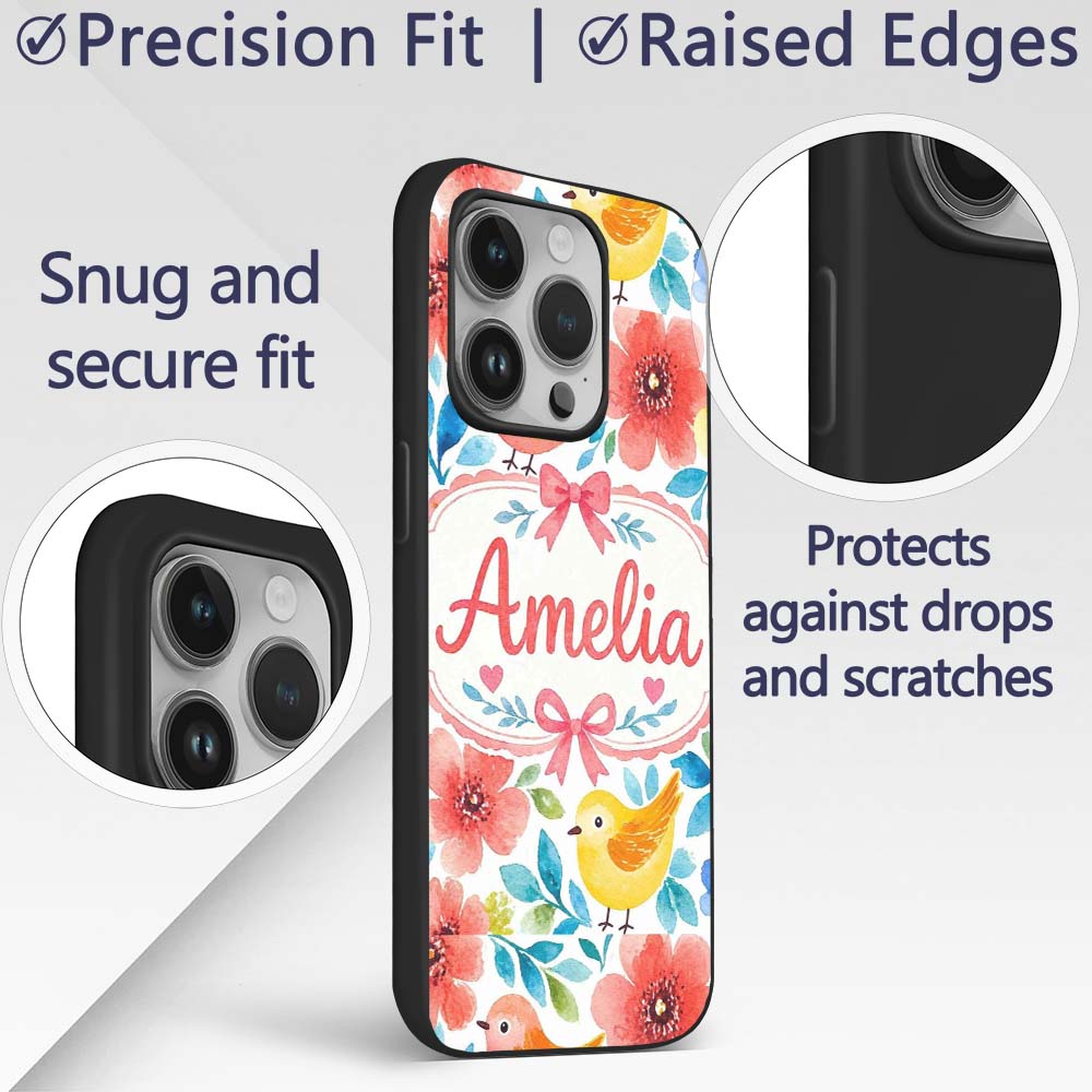 Watercolor Bird Floral Botanical Seamless Pattern Custom Name Protective Phone Case Mobile Cover Durable Everyday Smartphone Shock Resistant