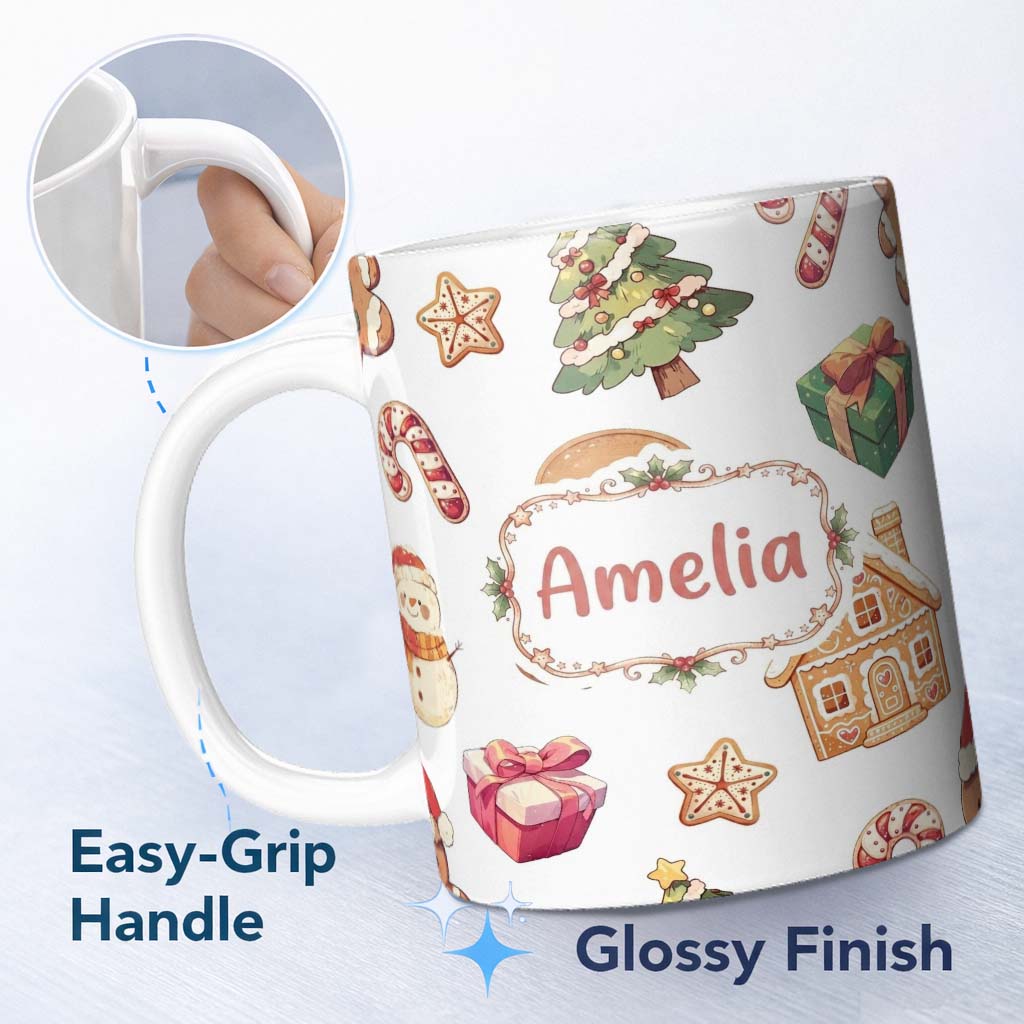 Personalized Custom Name Gingerbread Cookies Candy Sweets House Seamless Pattern Festive Mix 11oz Ceramic Coffee Tea Mug White Large Handle