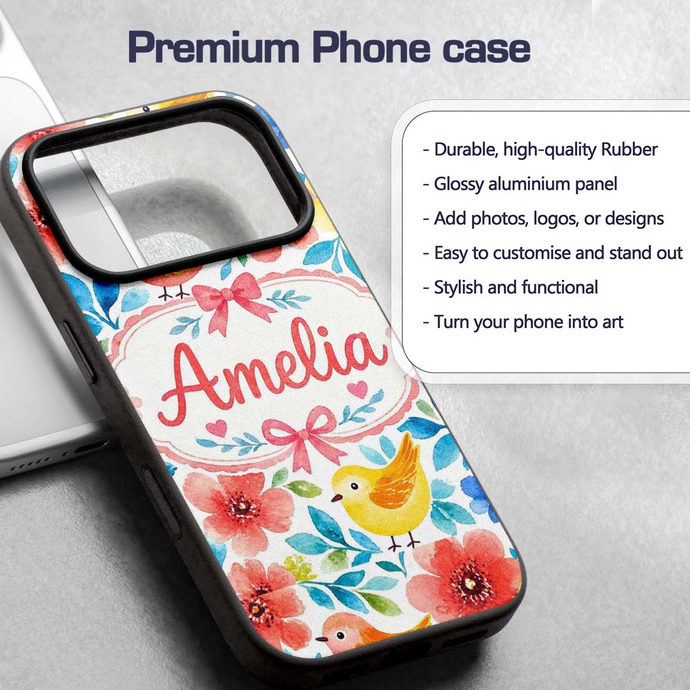 Watercolor Bird Floral Botanical Seamless Pattern Custom Name Protective Phone Case Mobile Cover Durable Everyday Smartphone Shock Resistant