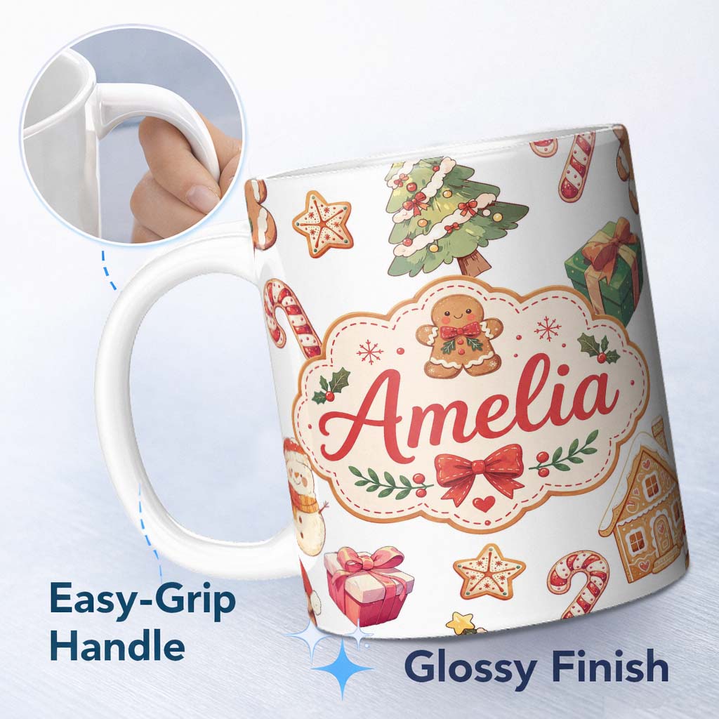Personalized Custom Name Cute Gingerbread Cookies Candy Sweets House Seamless Pattern Dot 11oz Ceramic Coffee Tea Mug White Large Handle