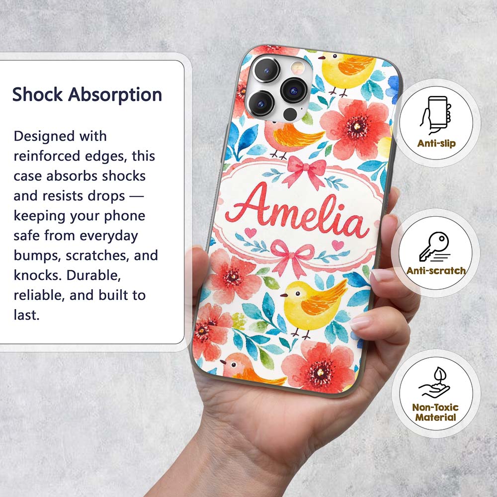 Watercolor Bird Floral Botanical Seamless Pattern Custom Name Protective Phone Case Mobile Cover Durable Everyday Smartphone Shock Resistant