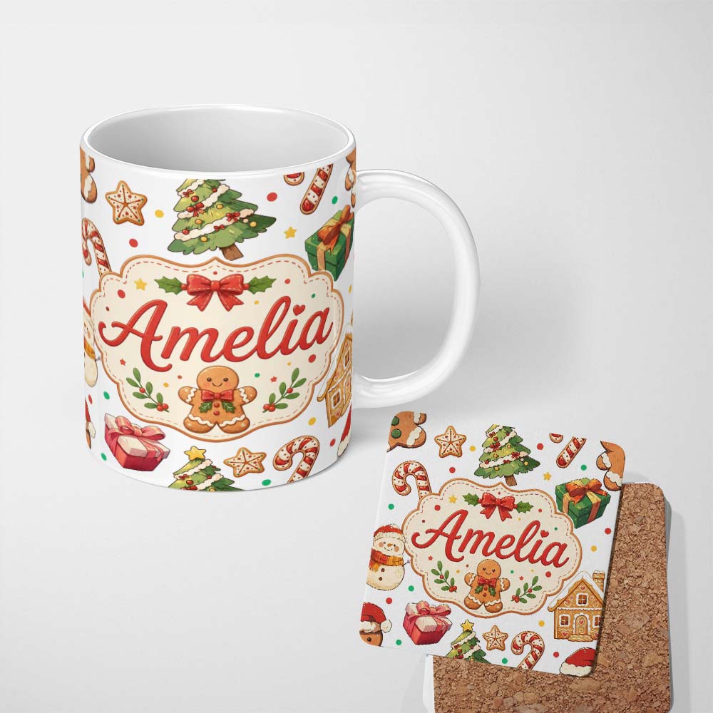 Personalized Custom Name Cute Gingerbread Man Christmas Tree Candy Cane Seamless Pattern Name 11oz Ceramic Coffee Tea Mug White Large Handle