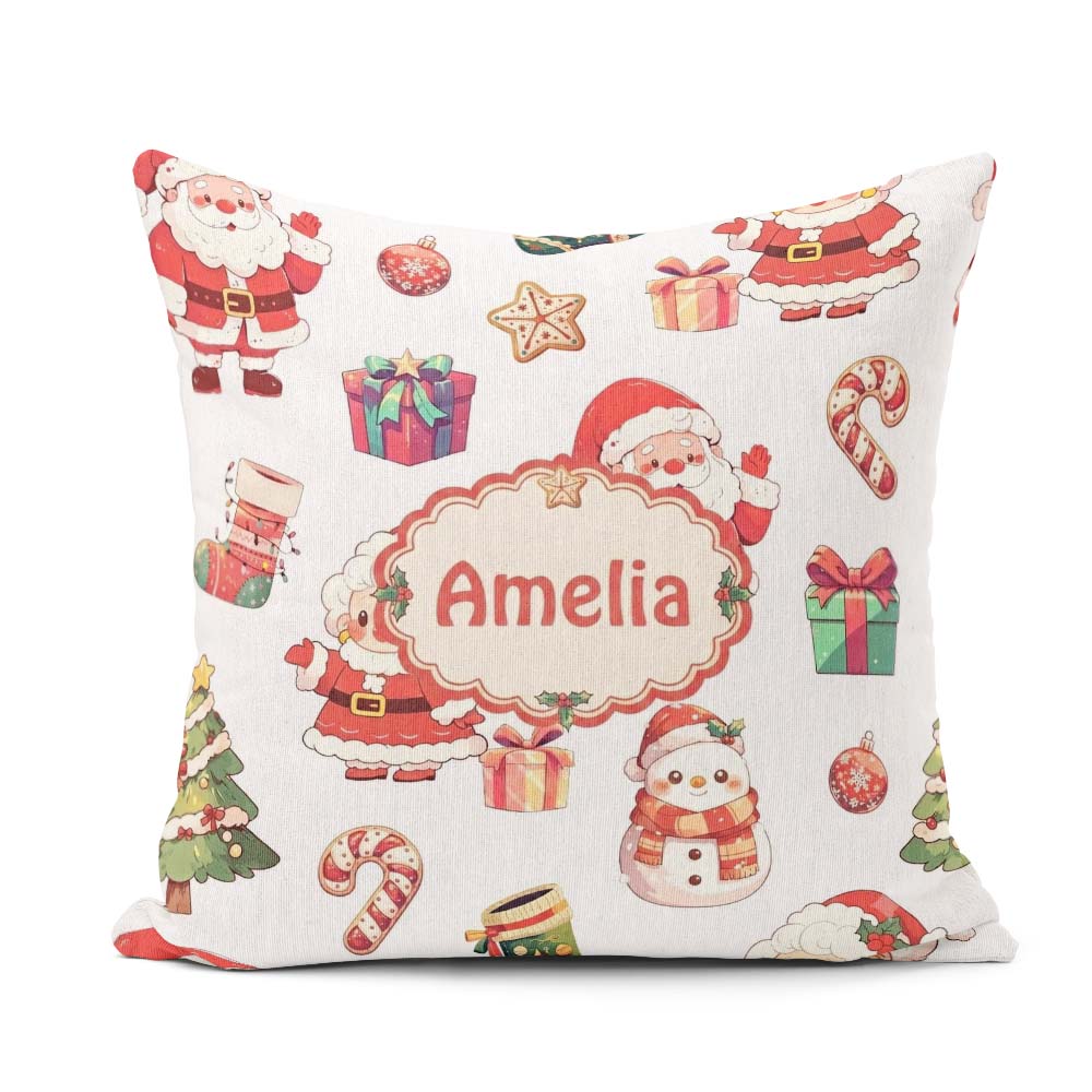 Custom Name Cute Santa Claus Mrs Snowman Christmas Seamless Name Square Filled Cushion Throw Pillow Sofa Bed Home Decor Zip Washable UK Made