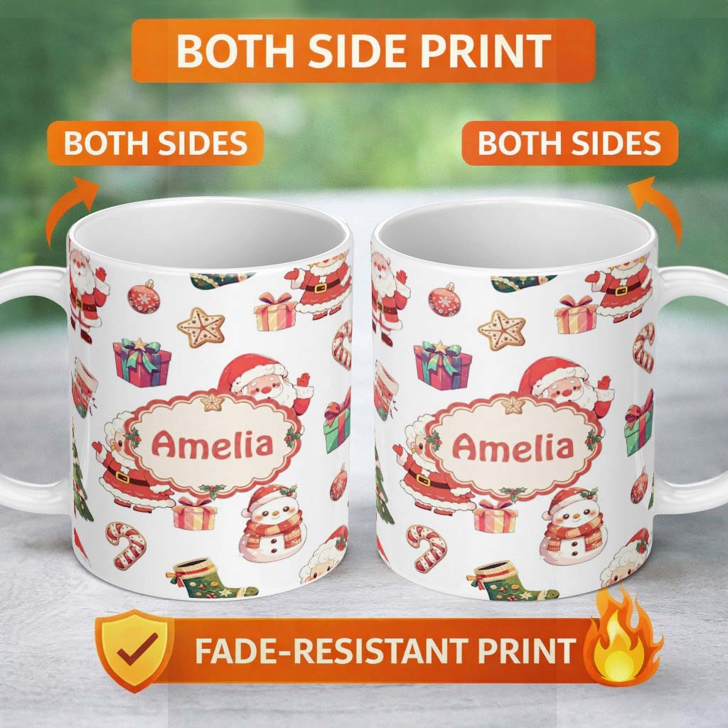 Personalized Custom Name Cute Santa Claus Mrs Snowman Gift Christmas Seamless Pattern Name 11oz Ceramic Coffee Tea Mug White Large Handle