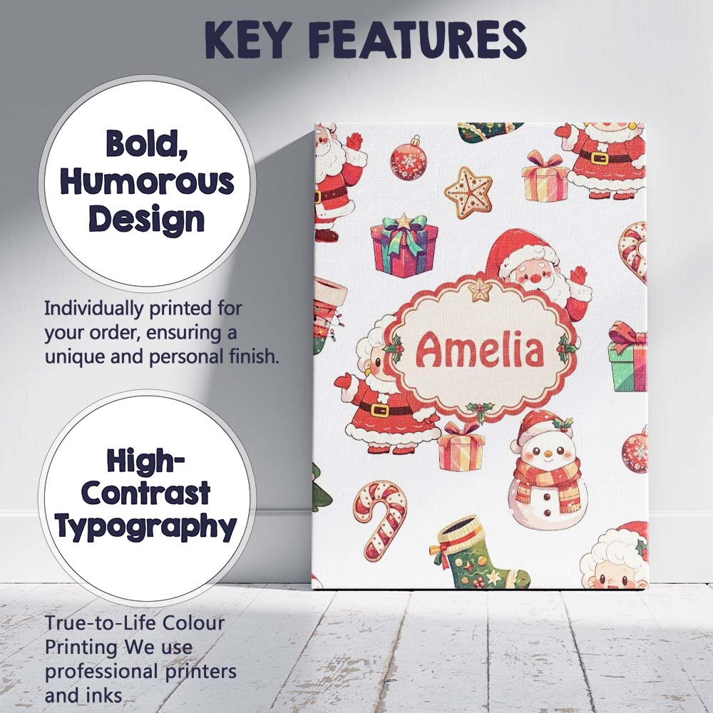 Personalised Name Cute Santa Claus Mrs Custom Modern Room Accent Elegant Feature Canvas Wall Art Print Decor Picture Ready to Hang