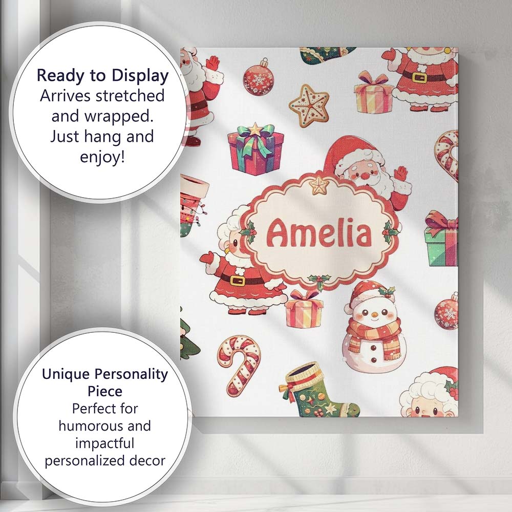 Personalised Name Cute Santa Claus Mrs Custom Modern Room Accent Elegant Feature Canvas Wall Art Print Decor Picture Ready to Hang