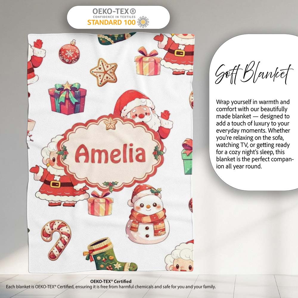 Cute Santa Claus Mrs Snowman Gift Christmas Seamless Pattern Name Personalised Custom Name Super Soft Fleece Blanket Bed Sofa Throw