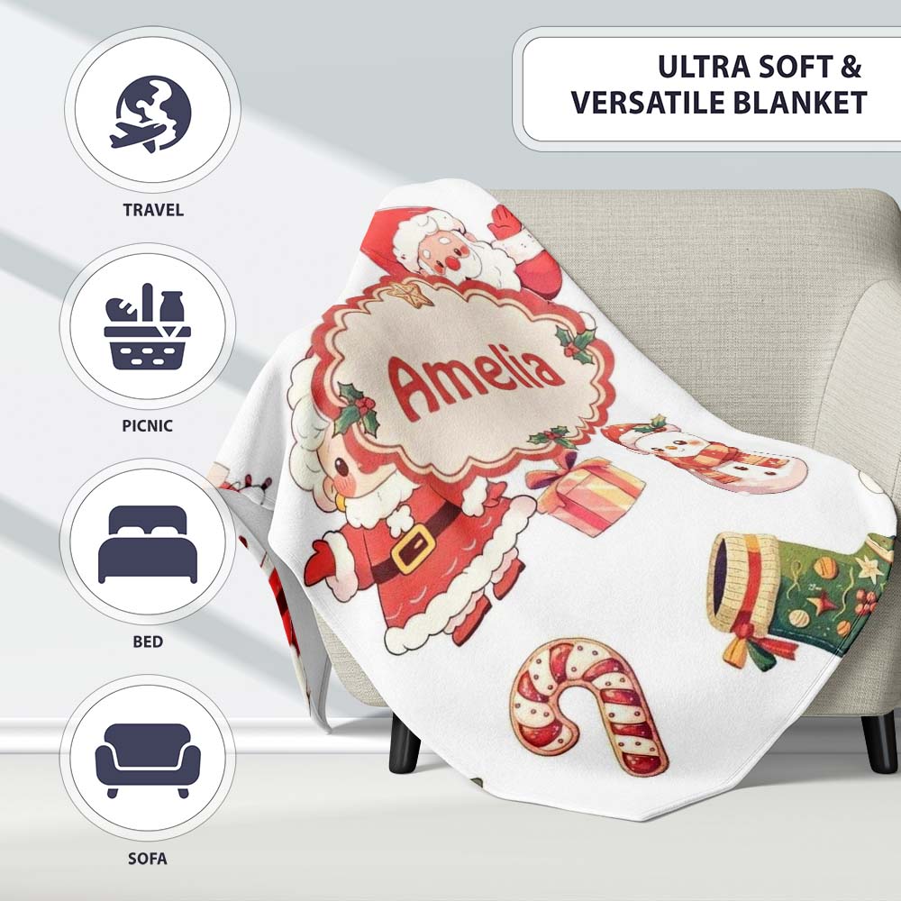 Cute Santa Claus Mrs Snowman Gift Christmas Seamless Pattern Name Personalised Custom Name Super Soft Fleece Blanket Bed Sofa Throw