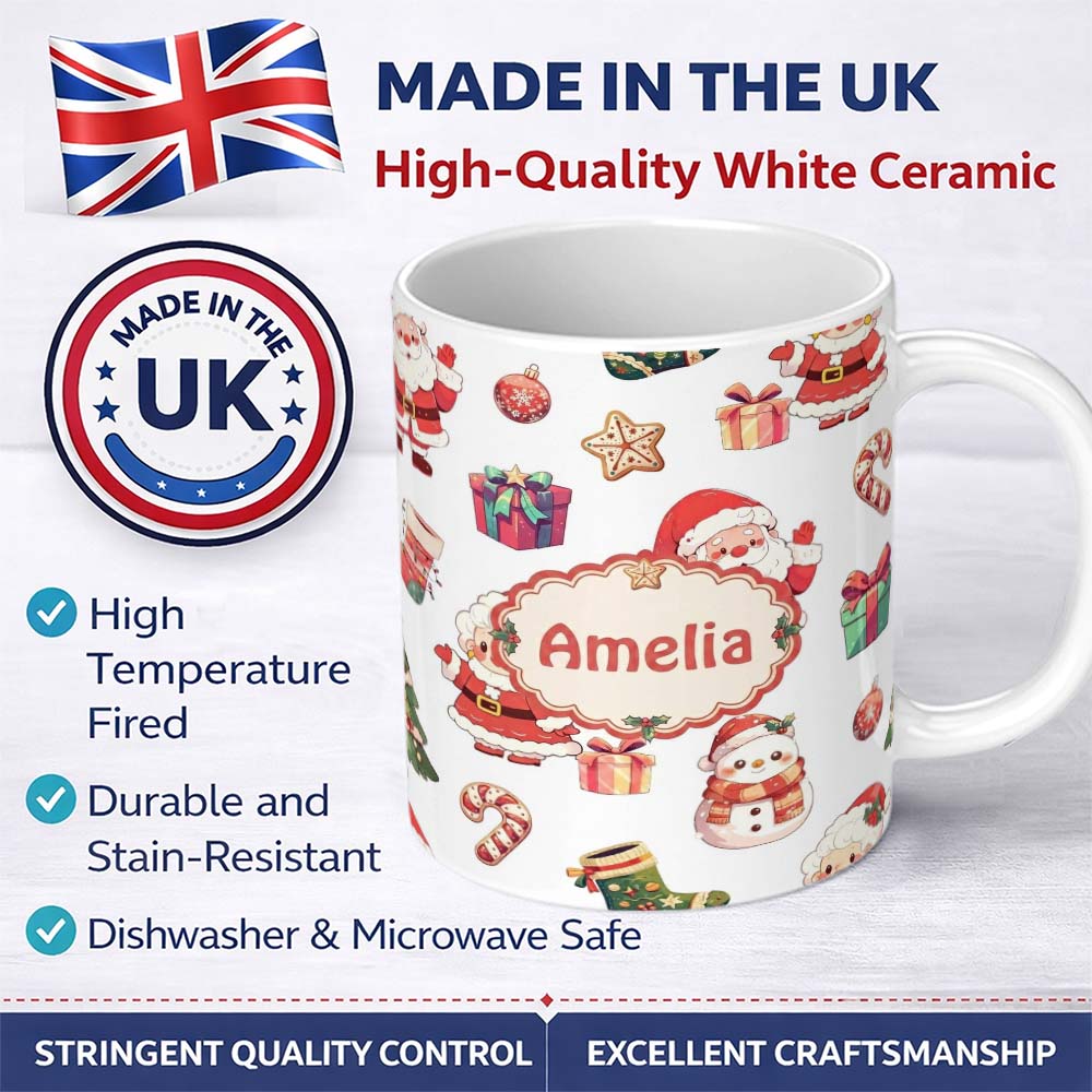 Personalized Custom Name Cute Santa Claus Mrs Snowman Gift Christmas Seamless Pattern Name 11oz Ceramic Coffee Tea Mug White Large Handle