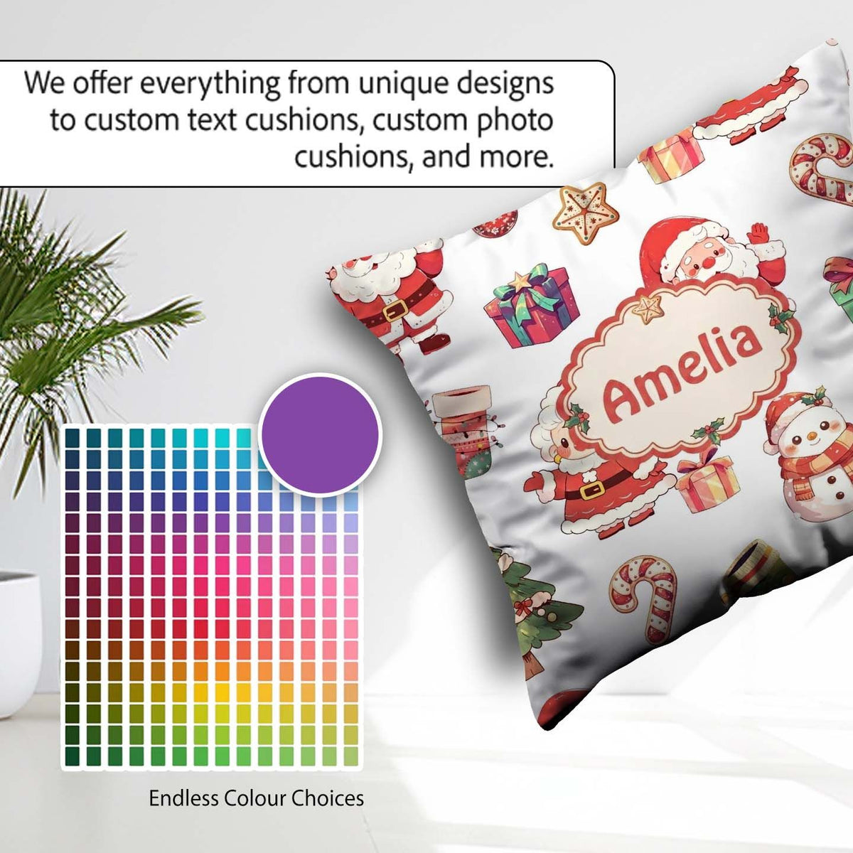 Custom Name Cute Santa Claus Mrs Snowman Christmas Seamless Name Square Filled Cushion Throw Pillow Sofa Bed Home Decor Zip Washable UK Made