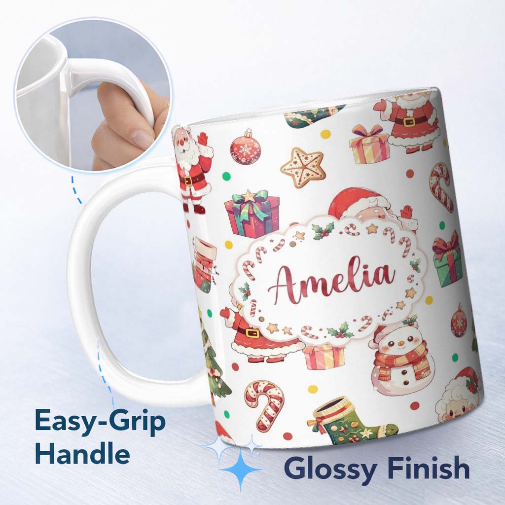 Personalized Custom Name Cute Santa Claus Mrs Snowman Confetti Seamless Pattern Name Unique 11oz Ceramic Coffee Tea Mug White Large Handle