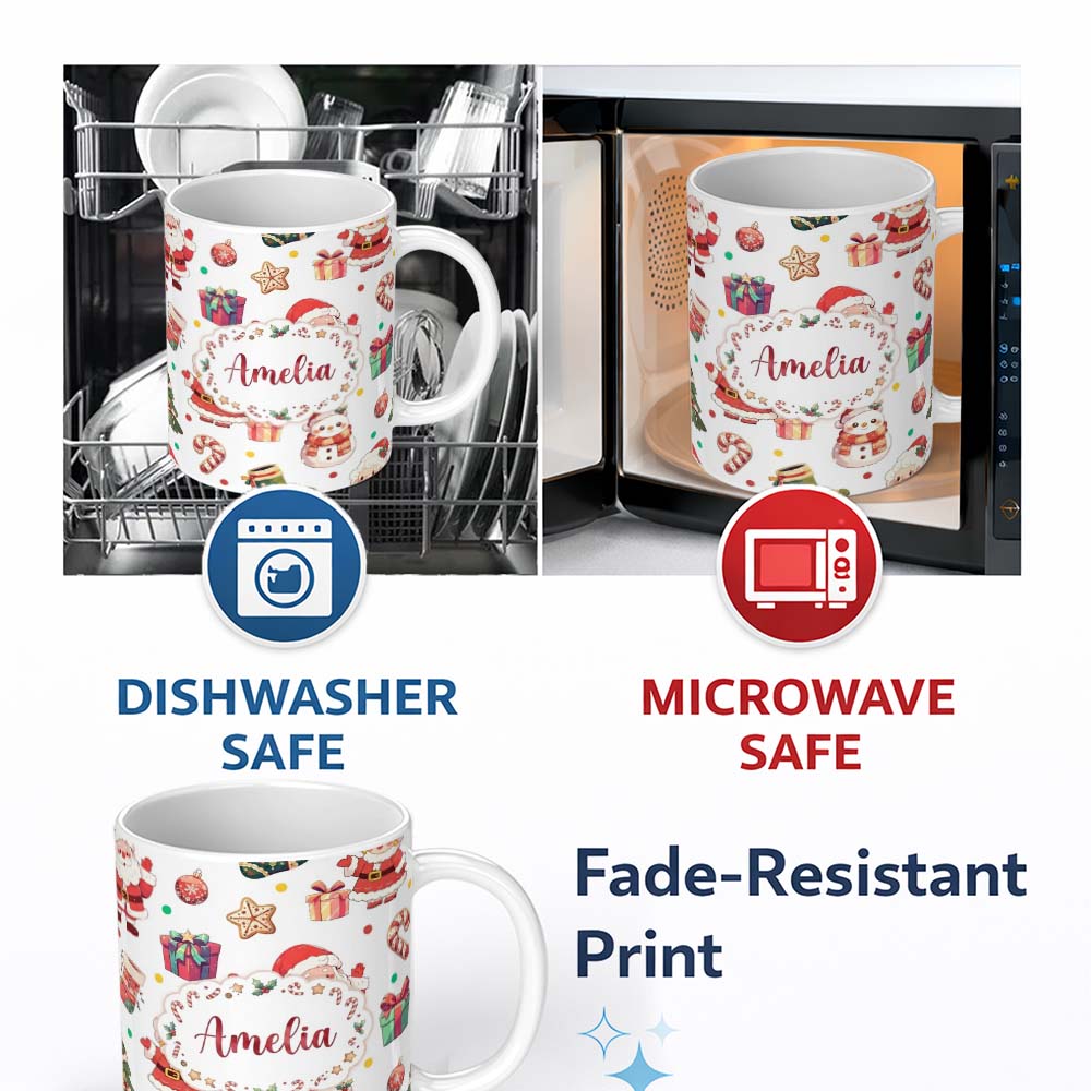 Personalized Custom Name Cute Santa Claus Mrs Snowman Confetti Seamless Pattern Name Unique 11oz Ceramic Coffee Tea Mug White Large Handle