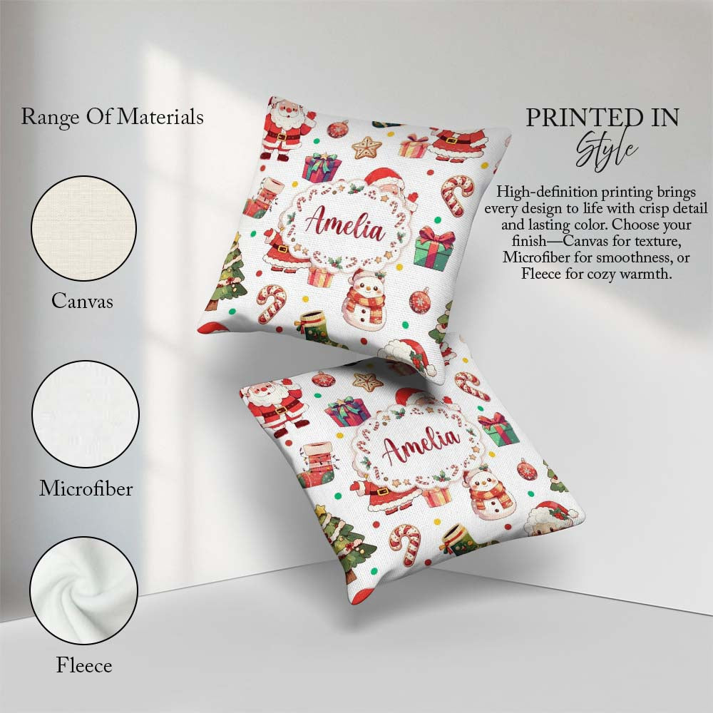 Custom Name Cute Santa Claus Mrs Snowman Confetti Seamless Name Square Filled Cushion Throw Pillow Sofa Bed Home Decor Zip Washable UK Made