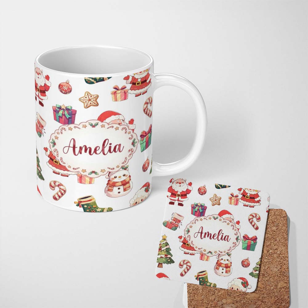 Personalized Custom Name Cute Santa Claus Mrs Snowman Festive Seamless Pattern Name Unique 11oz Ceramic Coffee Tea Mug White Large Handle