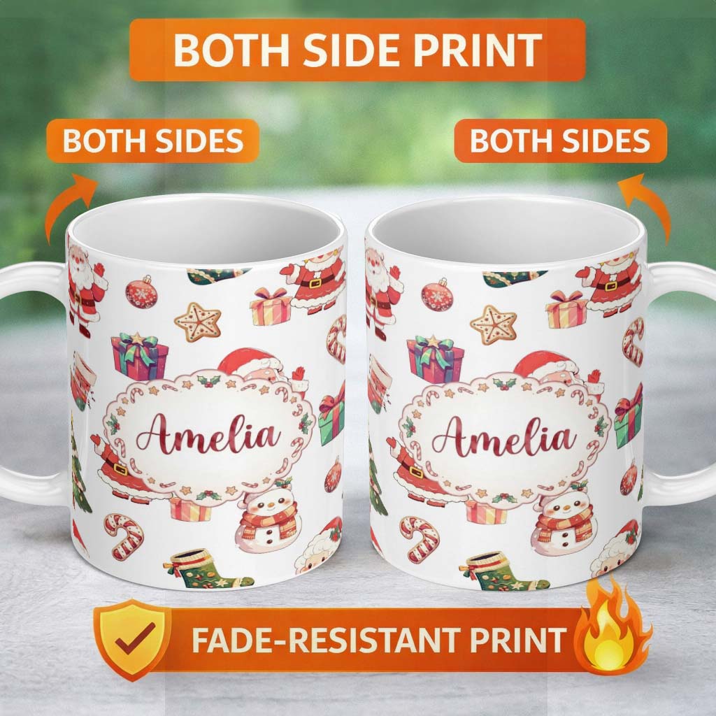 Personalized Custom Name Cute Santa Claus Mrs Snowman Festive Seamless Pattern Name Unique 11oz Ceramic Coffee Tea Mug White Large Handle