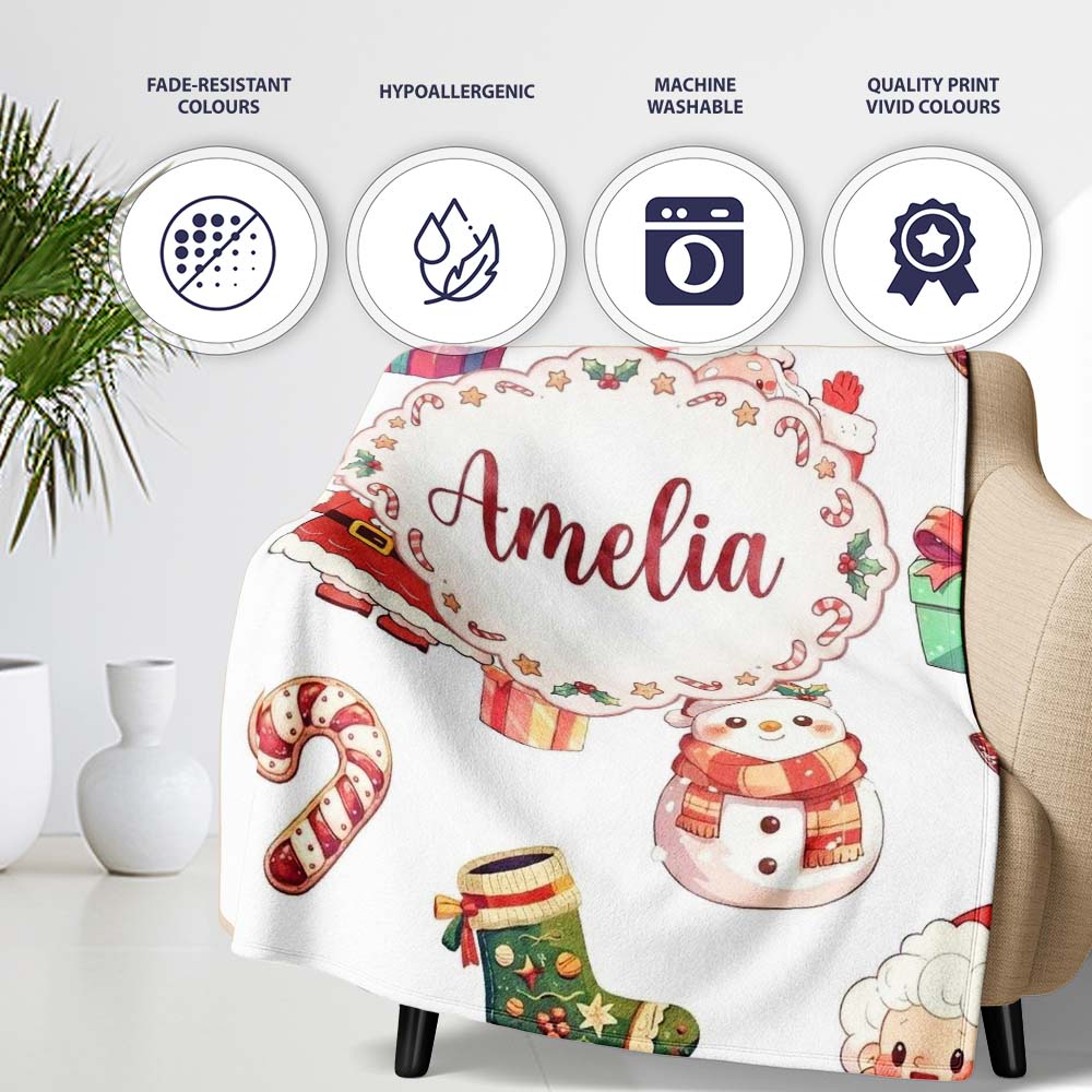 Cute Santa Claus Mrs Snowman Festive Seamless Pattern Name Unique Personalised Custom Name Super Soft Fleece Blanket Bed Sofa Throw