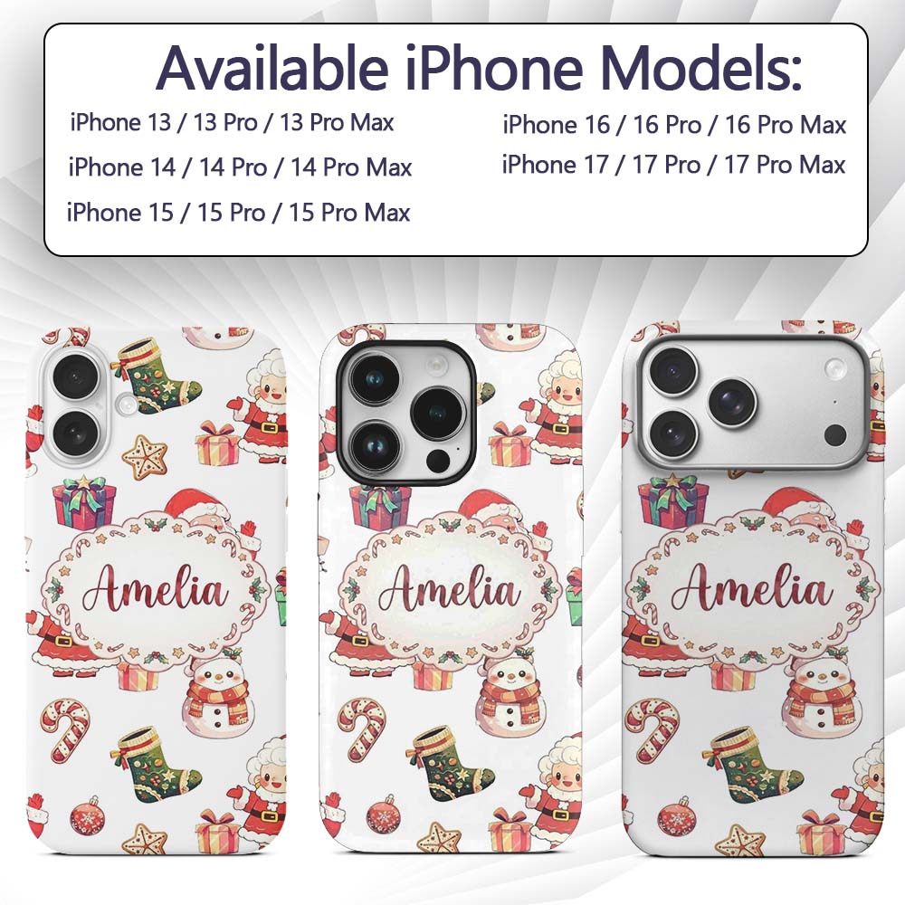 Cute Santa Claus Mrs Snowman Festive Seamless Custom Name Protective Phone Case Mobile Cover Durable Everyday Smartphone Shock Resistant