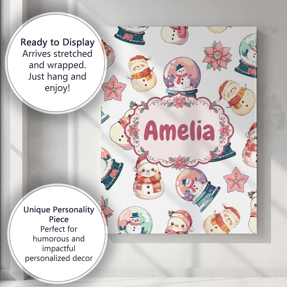 Personalised Name Cute Snowman Snow Globe Custom Unique Gift Idea Elegant Feature Canvas Wall Art Print Decor Picture Ready to Hang