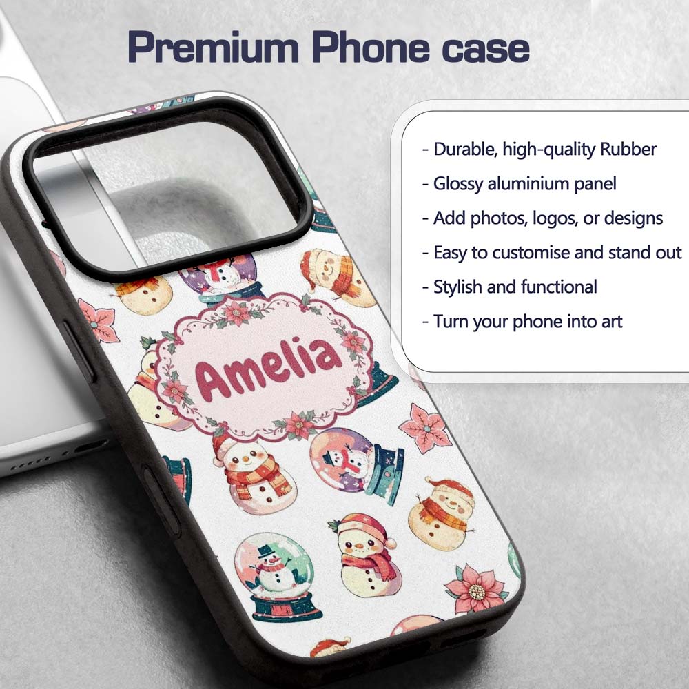 Cute Snowman Snow Globe Poinsettia Christmas Custom Name Protective Phone Case Mobile Cover Durable Everyday Smartphone Shock Resistant