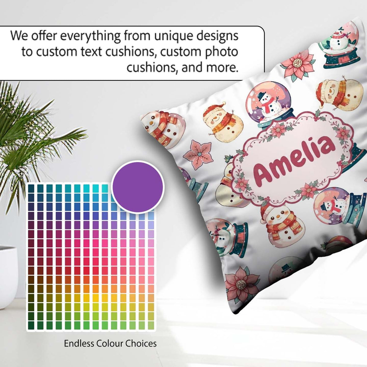 Custom Name Snowman Snow Globe Poinsettia Christmas Pattern Name Square Filled Cushion Throw Pillow Sofa Bed Home Decor Zip Washable UK Made
