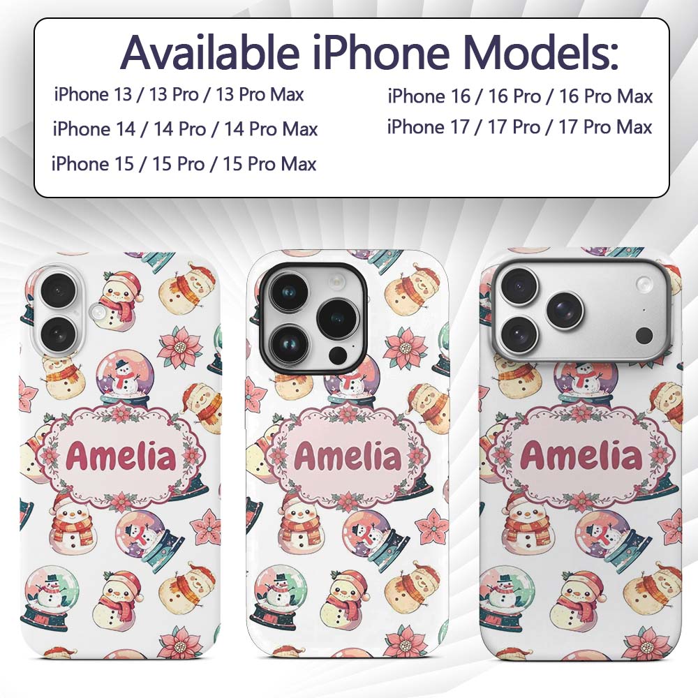Cute Snowman Snow Globe Poinsettia Christmas Custom Name Protective Phone Case Mobile Cover Durable Everyday Smartphone Shock Resistant