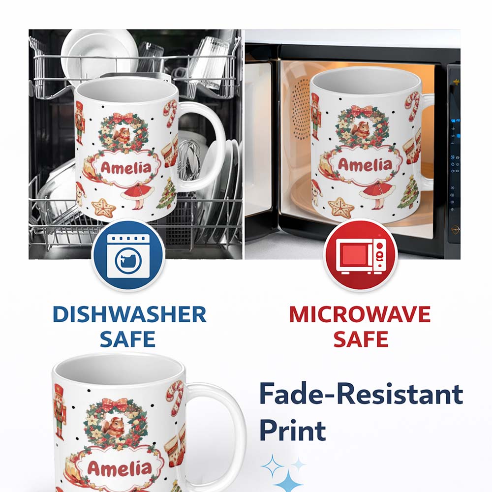Personalized Custom Name Cute Nutcracker Wreath Squirrel Cake Christmas Seamless Pattern Name 11oz Ceramic Coffee Tea Mug White Large Handle