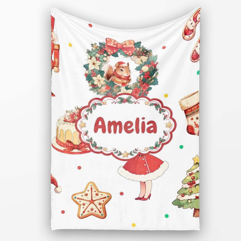 Cute Nutcracker Wreath Squirrel Cake Confetti Seamless Pattern Personalised Custom Name Super Soft Fleece Blanket Bed Sofa Throw