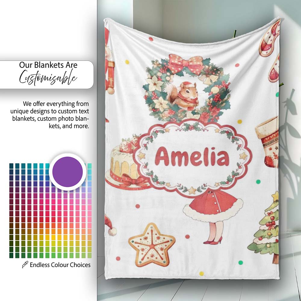 Cute Nutcracker Wreath Squirrel Cake Confetti Seamless Pattern Personalised Custom Name Super Soft Fleece Blanket Bed Sofa Throw