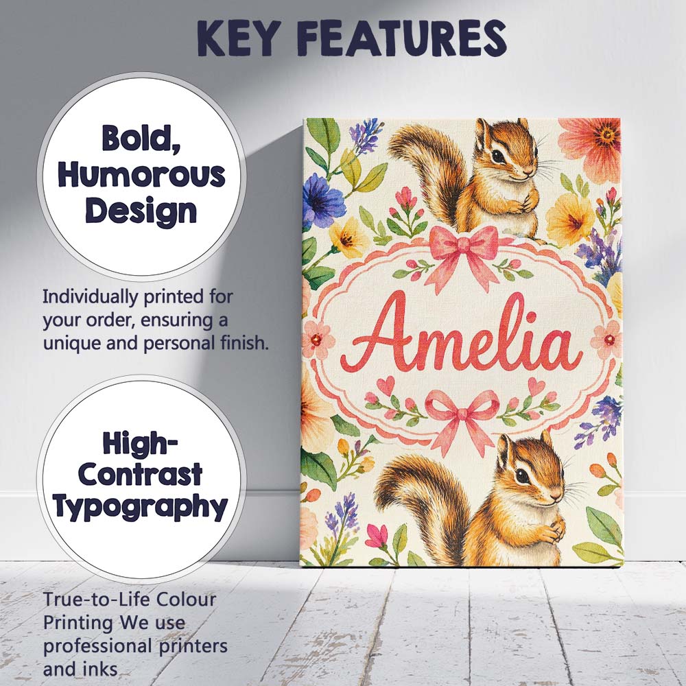 Personalised Name Watercolor Chipmunk Wildflower Botanical Seamless Custom Canvas Wall Art Print Decor Picture Ready to Hang