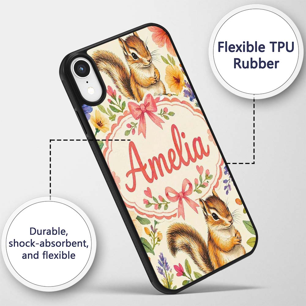 Watercolor Chipmunk Wildflower Botanical Seamless Custom Name Protective Phone Case Mobile Cover Durable Everyday Smartphone Shock Resistant