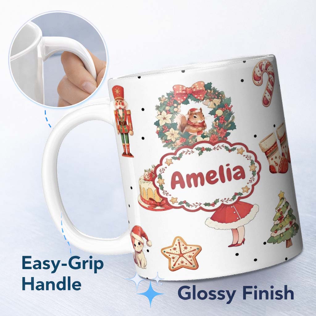 Personalized Custom Name Cute Nutcracker Wreath Squirrel Cake Festive Seamless Pattern Name 11oz Ceramic Coffee Tea Mug White Large Handle