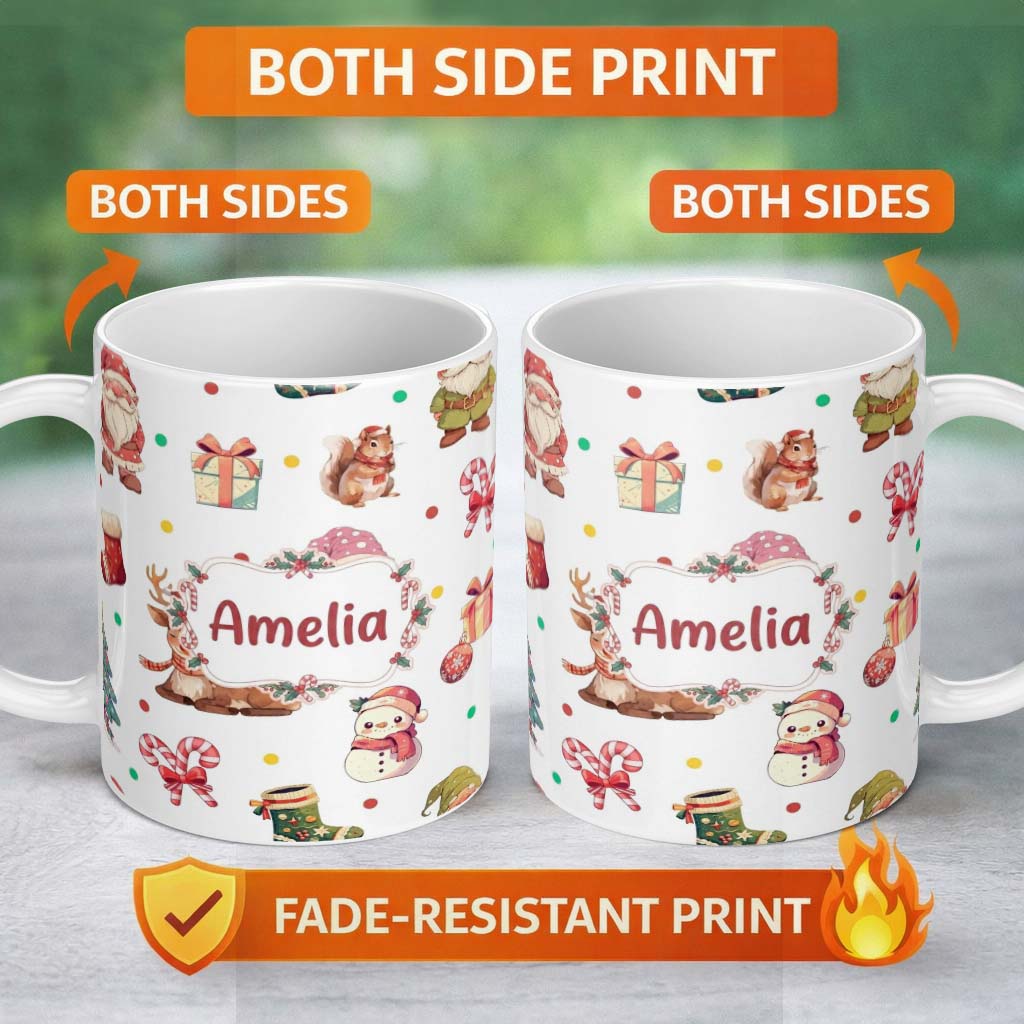 Personalized Custom Name Cute Christmas Gnome Reindeer Squirrel Gift Candy Cane Seamless 11oz Ceramic Coffee Tea Mug White Large Handle