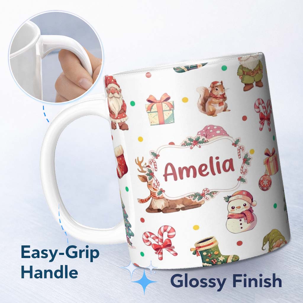 Personalized Custom Name Cute Christmas Gnome Reindeer Squirrel Gift Candy Cane Seamless 11oz Ceramic Coffee Tea Mug White Large Handle