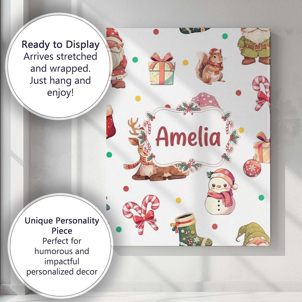 Personalised Name Cute Christmas Gnome Custom Modern Room Accent Elegant Feature Canvas Wall Art Print Decor Picture Ready to Hang
