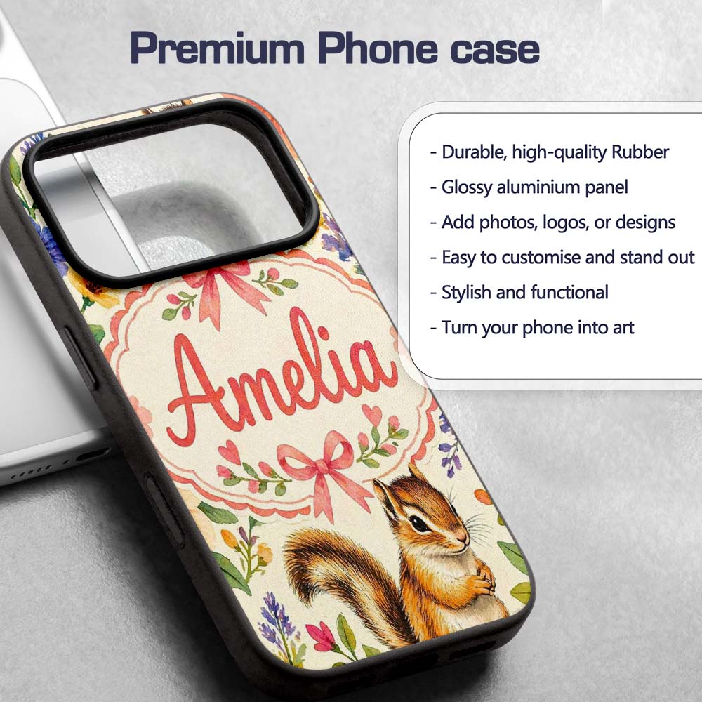 Watercolor Chipmunk Wildflower Botanical Seamless Custom Name Protective Phone Case Mobile Cover Durable Everyday Smartphone Shock Resistant