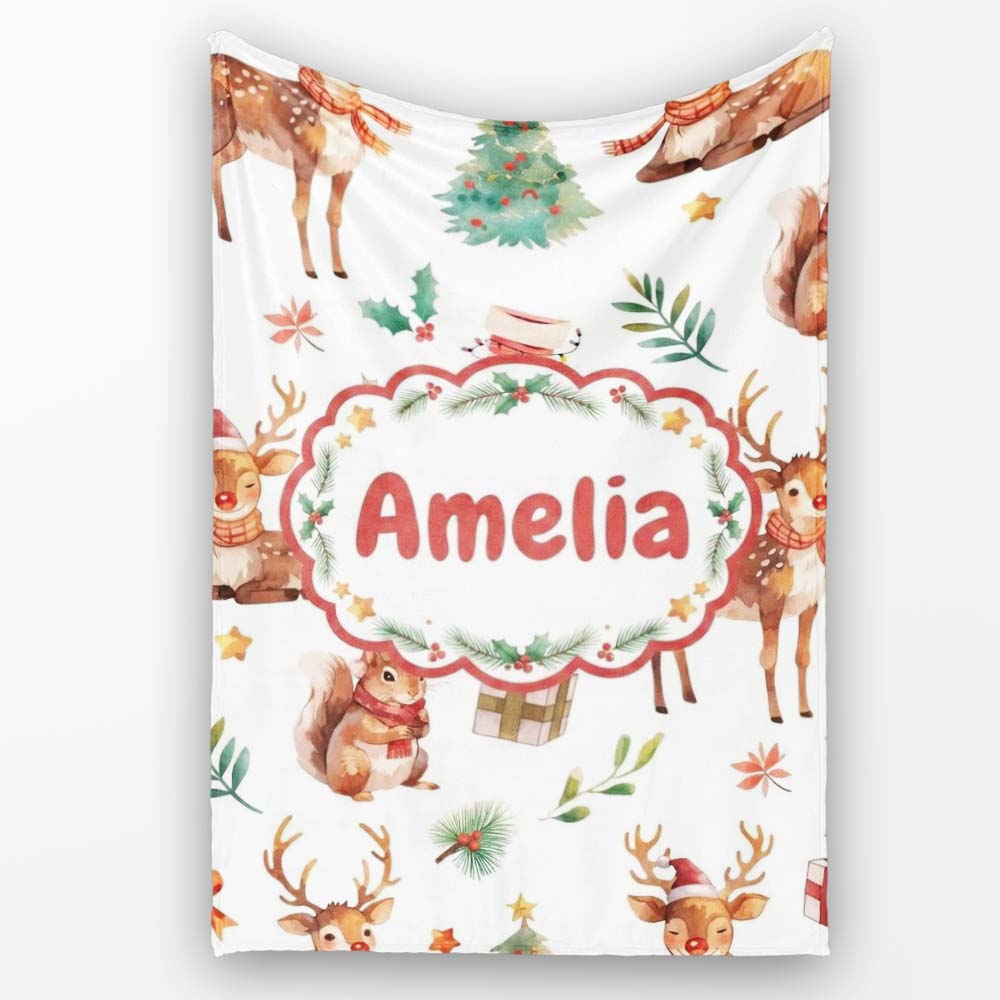 Cute Watercolor Reindeer Squirrel Holly Leaves Christmas Seamless Personalised Custom Name Super Soft Fleece Blanket Bed Sofa Throw