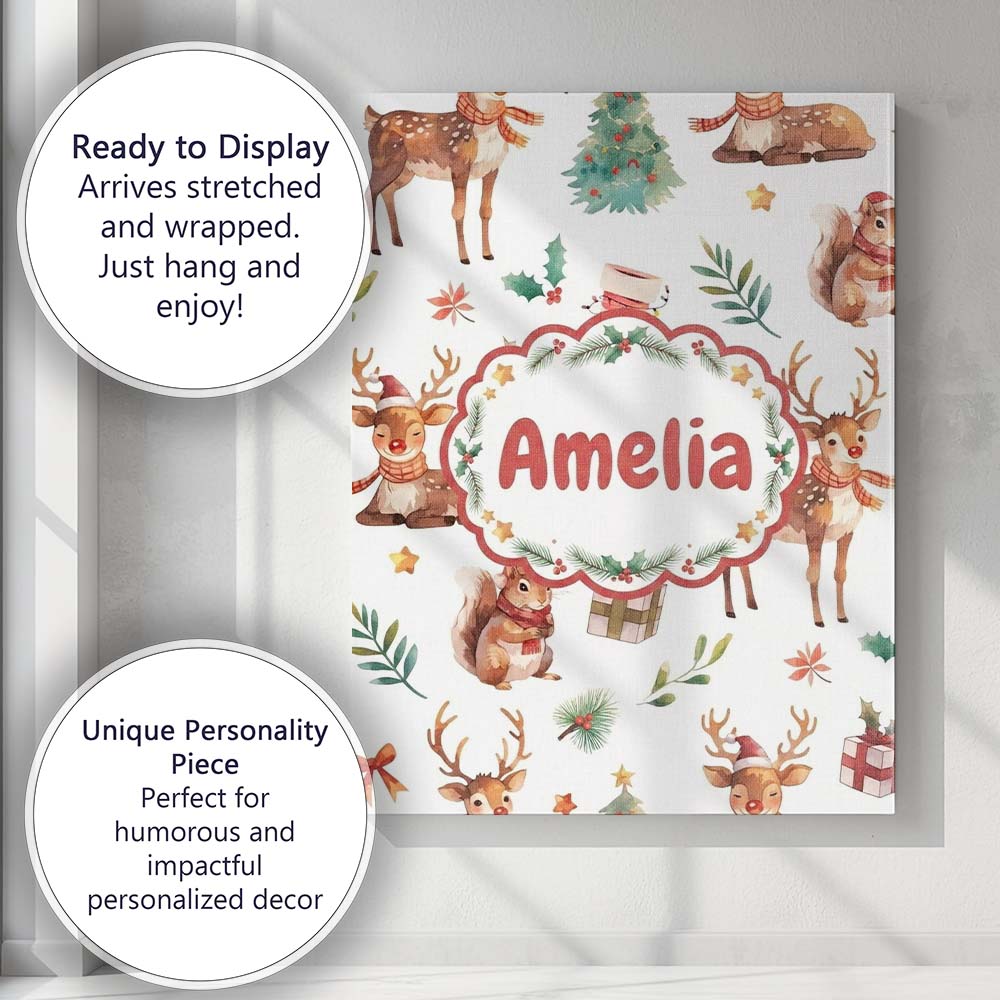 Personalised Name Cute Watercolor Reindeer Custom Unique Gift Idea Elegant Feature Canvas Wall Art Print Decor Picture Ready to Hang