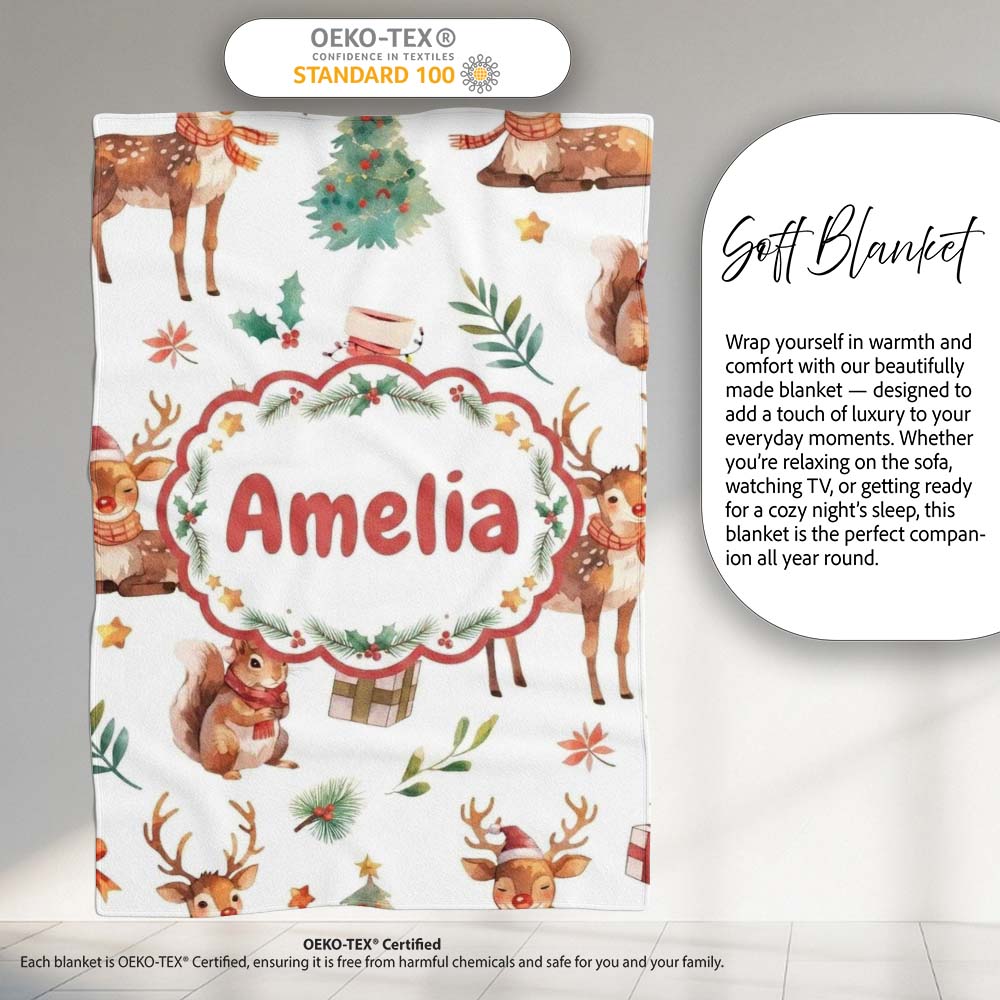 Cute Watercolor Reindeer Squirrel Holly Leaves Christmas Seamless Personalised Custom Name Super Soft Fleece Blanket Bed Sofa Throw
