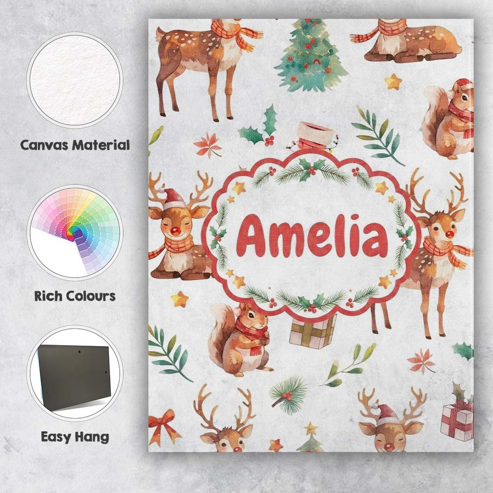 Personalised Name Cute Watercolor Reindeer Custom Unique Gift Idea Elegant Feature Canvas Wall Art Print Decor Picture Ready to Hang