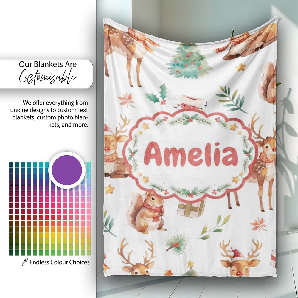 Cute Watercolor Reindeer Squirrel Holly Leaves Christmas Seamless Personalised Custom Name Super Soft Fleece Blanket Bed Sofa Throw