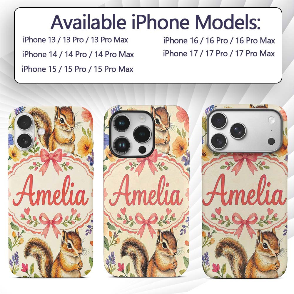 Watercolor Chipmunk Wildflower Botanical Seamless Custom Name Protective Phone Case Mobile Cover Durable Everyday Smartphone Shock Resistant