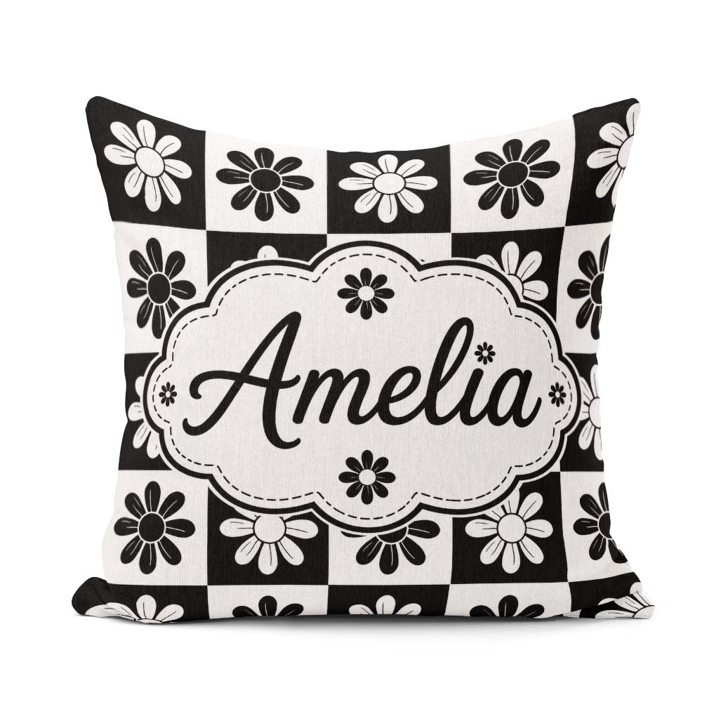 Custom Name Cute Black White Daisy Floral Seamless Pattern Name Square Filled Cushion Throw Pillow Sofa Bed Home Decor Zip Washable UK Made