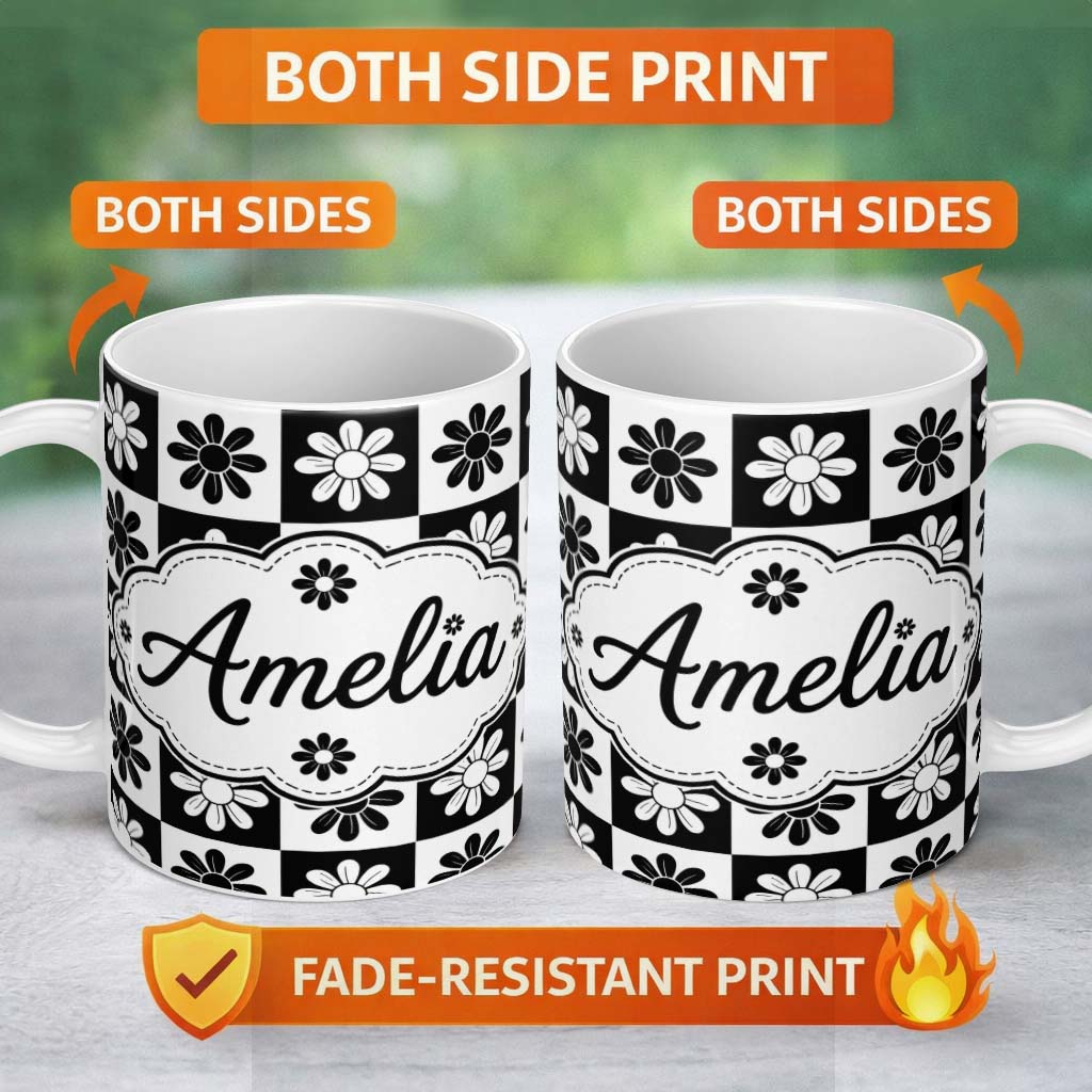 Personalized Custom Name Cute Black White Daisy Checkerboard Floral Seamless Pattern Name 11oz Ceramic Coffee Tea Mug White Large Handle